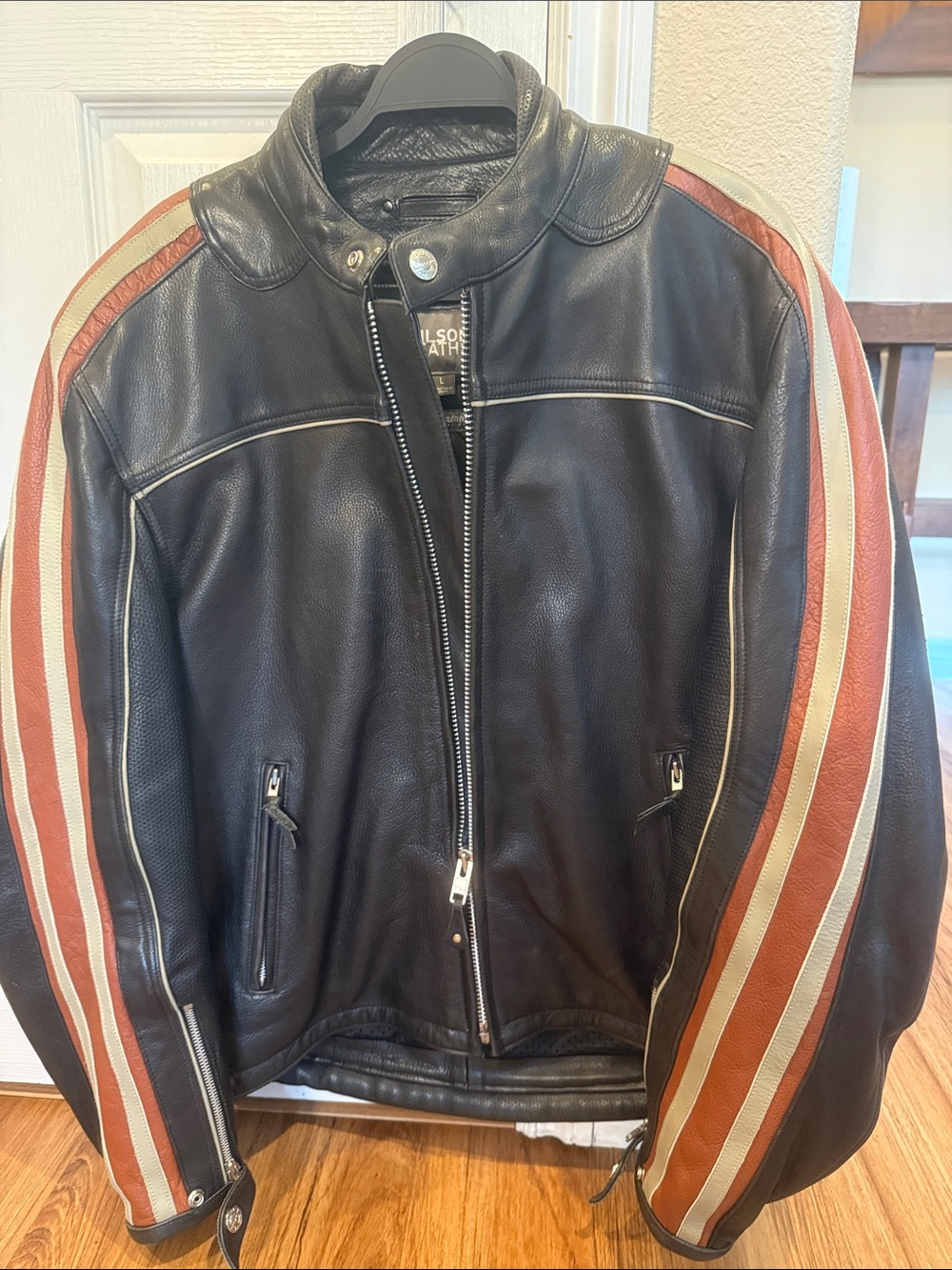 Men's Black ThinsulatLeather Motorcycle Jacket with Red & Cream Racing Stripes.